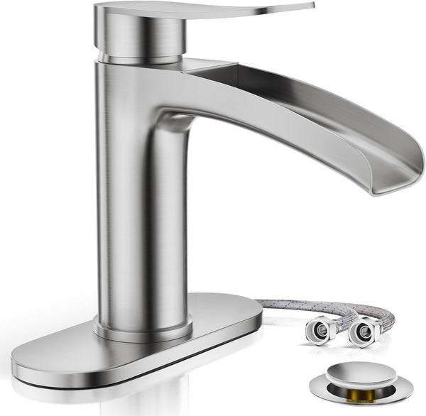 Bathroom Vessel Sink Faucet, Single Hole Single Handle Waterfall Modern Bathroom Faucet, with Pop Up Drain and Water Supply Line JQ-1001